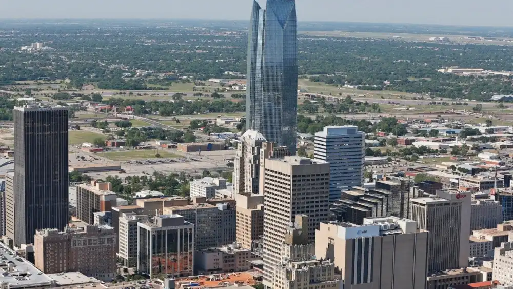An aerial view of downtown Oklahoma City.