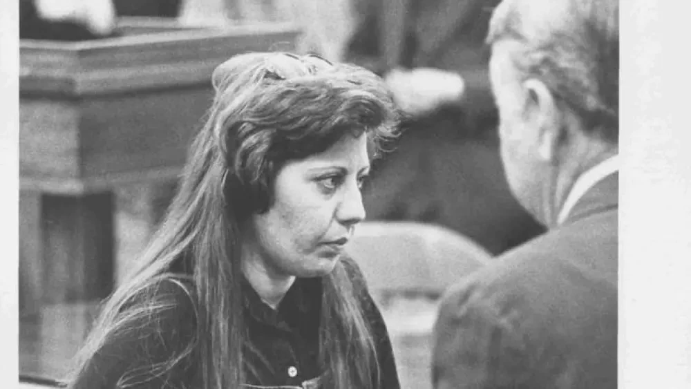 A black-and-white photo of Verna Stafford during her trial.
