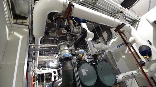 Water cooling pump and pipes at a data center in the Lower Manhattan area of New York.