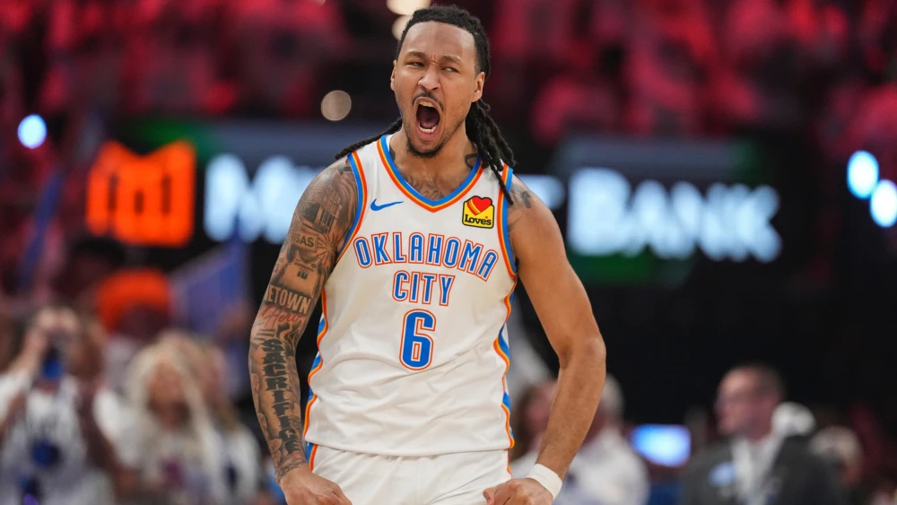 Oklahoma City Thunder forward Jaylin Williams (6) celebrates his three-point basket against the San Antonio Spurs in the first half of Game 5 in the Western Conference finals NBA basketball playoffs series, Tuesday, May 26, 2026, in Oklahoma City. (AP Photo/Julio Cortez)
