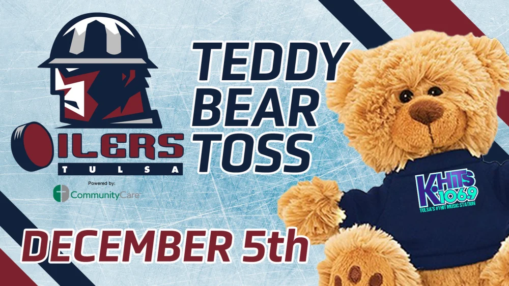 Promotional Photo for the Tulsa Oilers Teddy Bear Toss night featuring a logo and a K-HITS Teddy Bear