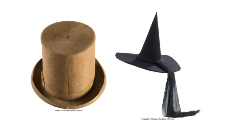 This combination of images released by Heritage Auctions shows a top hat from the 1971 film "Willy Wonka & the Chocolate Factory," left, and a witch hat worn by Margaret Hamilton in "The Wizard of Oz."