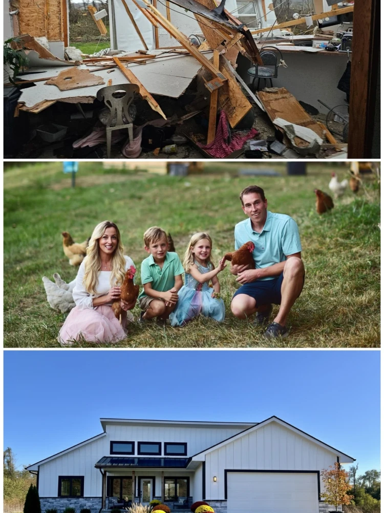 Wreckage of a house at the top, a family of 4 in the middle, and a built house at the bottom.