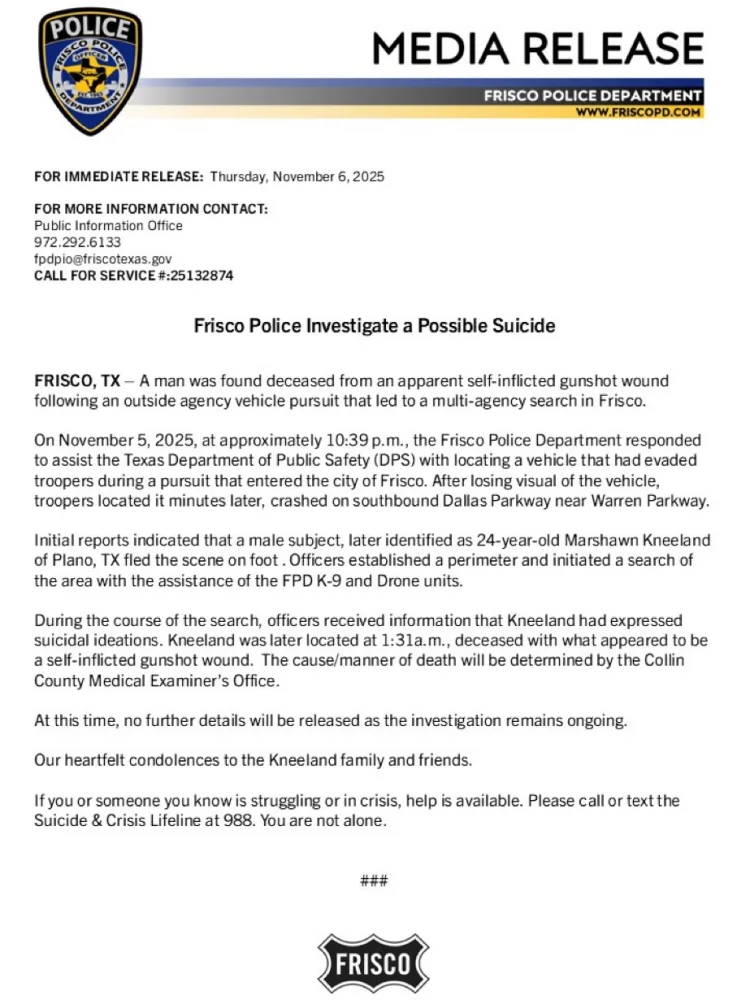 A police statement on the investigation into the death of Marshawn Kneeland