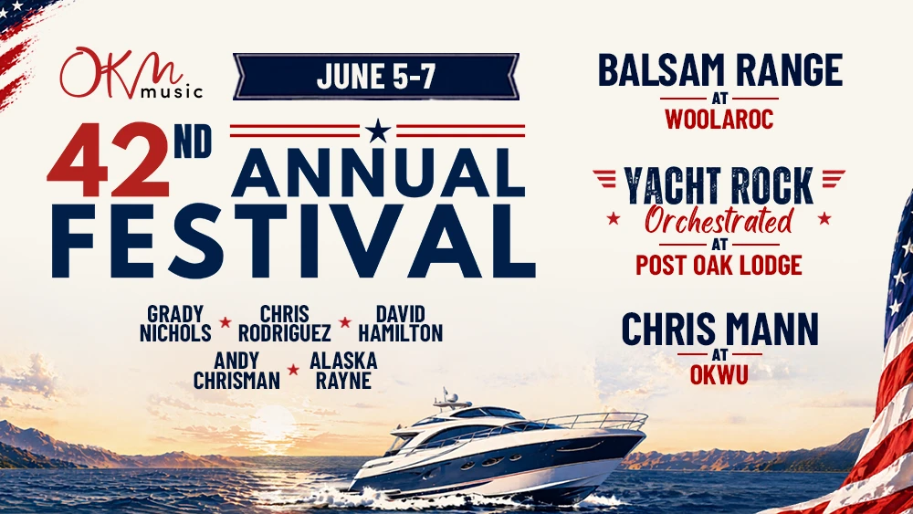 Promoting the 42nd Annual OKM Music Festival from June 5-7 with a photo of a yacht on a lake and American flags in the left and right corners
