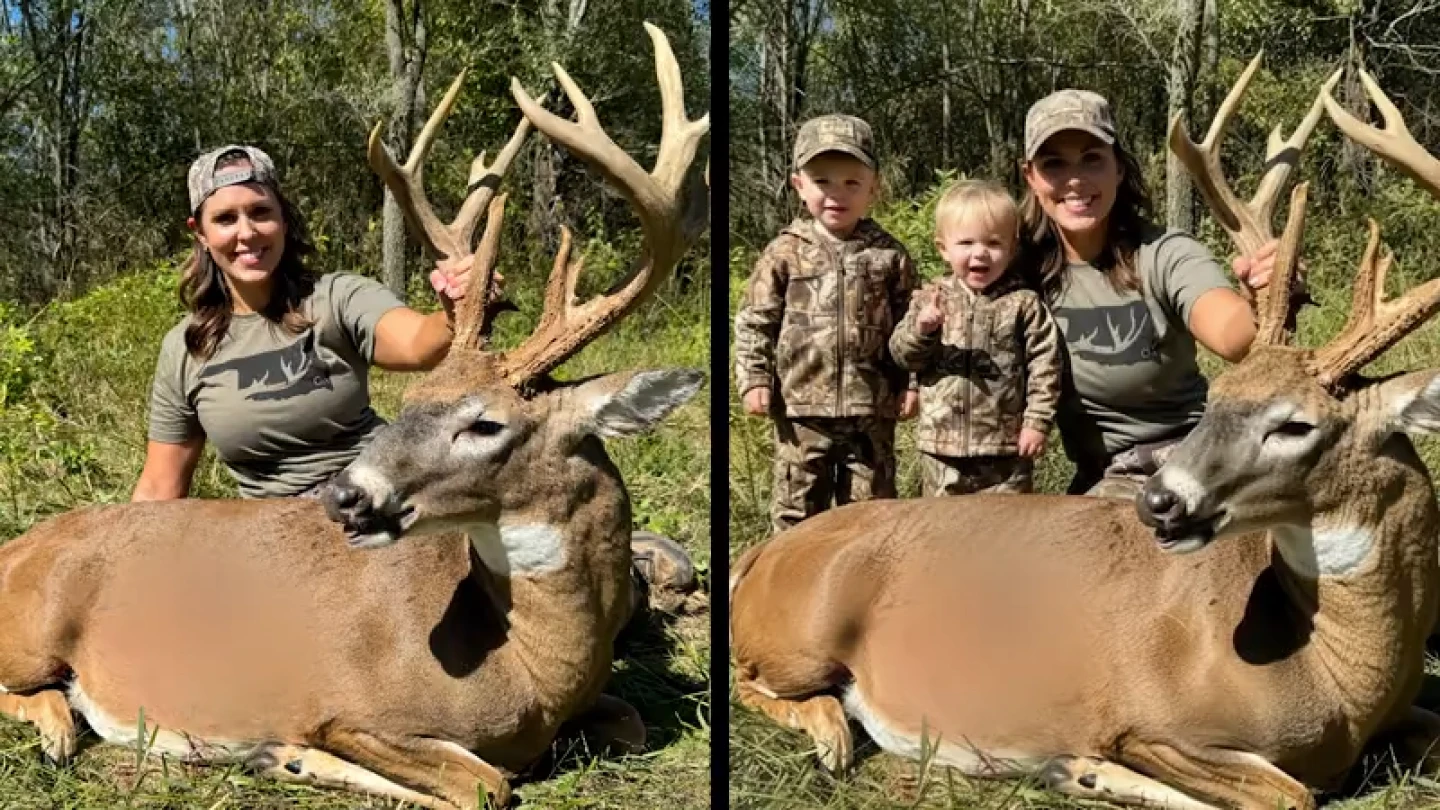 photo of Tess with a deer on the left side, and photo of Tess, a deer and two boys on the right side