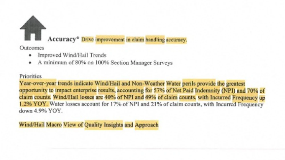 Internal document from State Farm, with highlighted text regarding opportunity in roof claims.